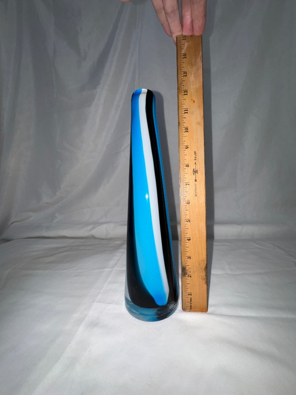Blue and While tall thin Glass Vase